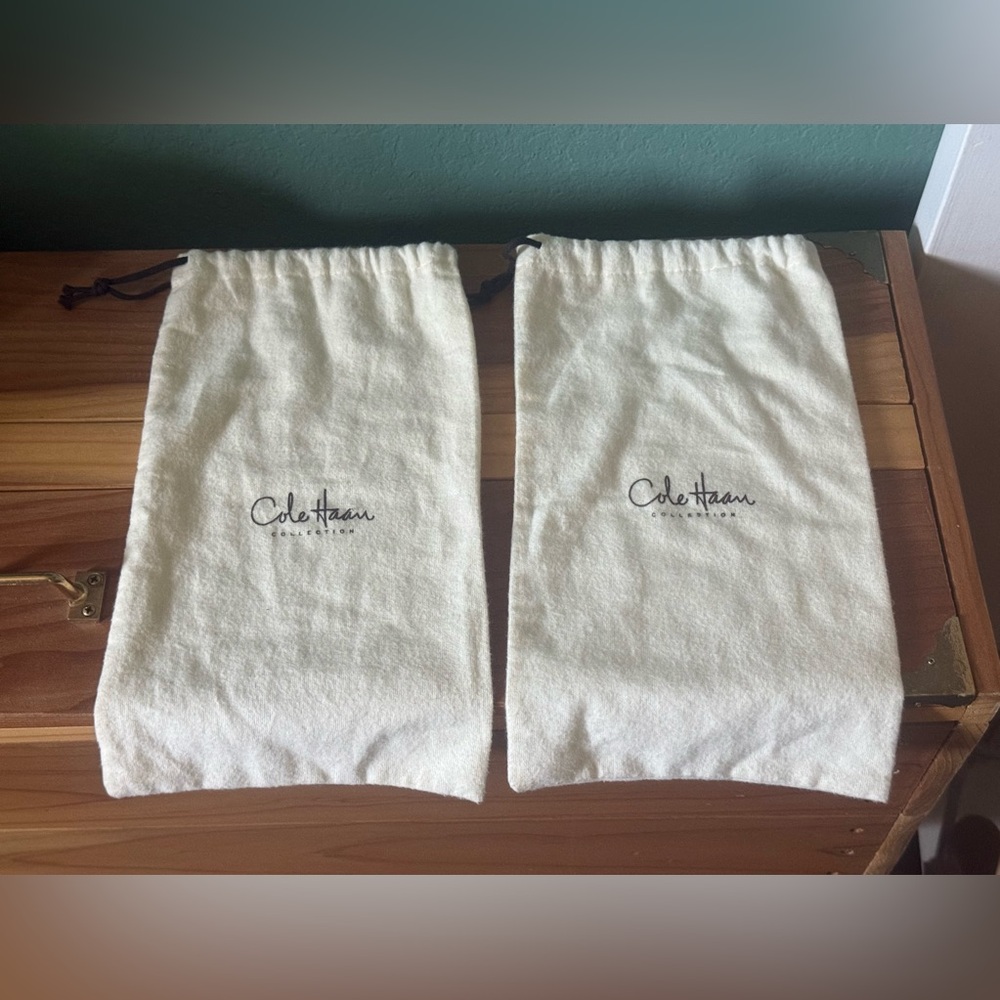 Two Cole Haan Dust Bags 14x8” Ivory Flannel 100%  Cotton Drawstring Italy